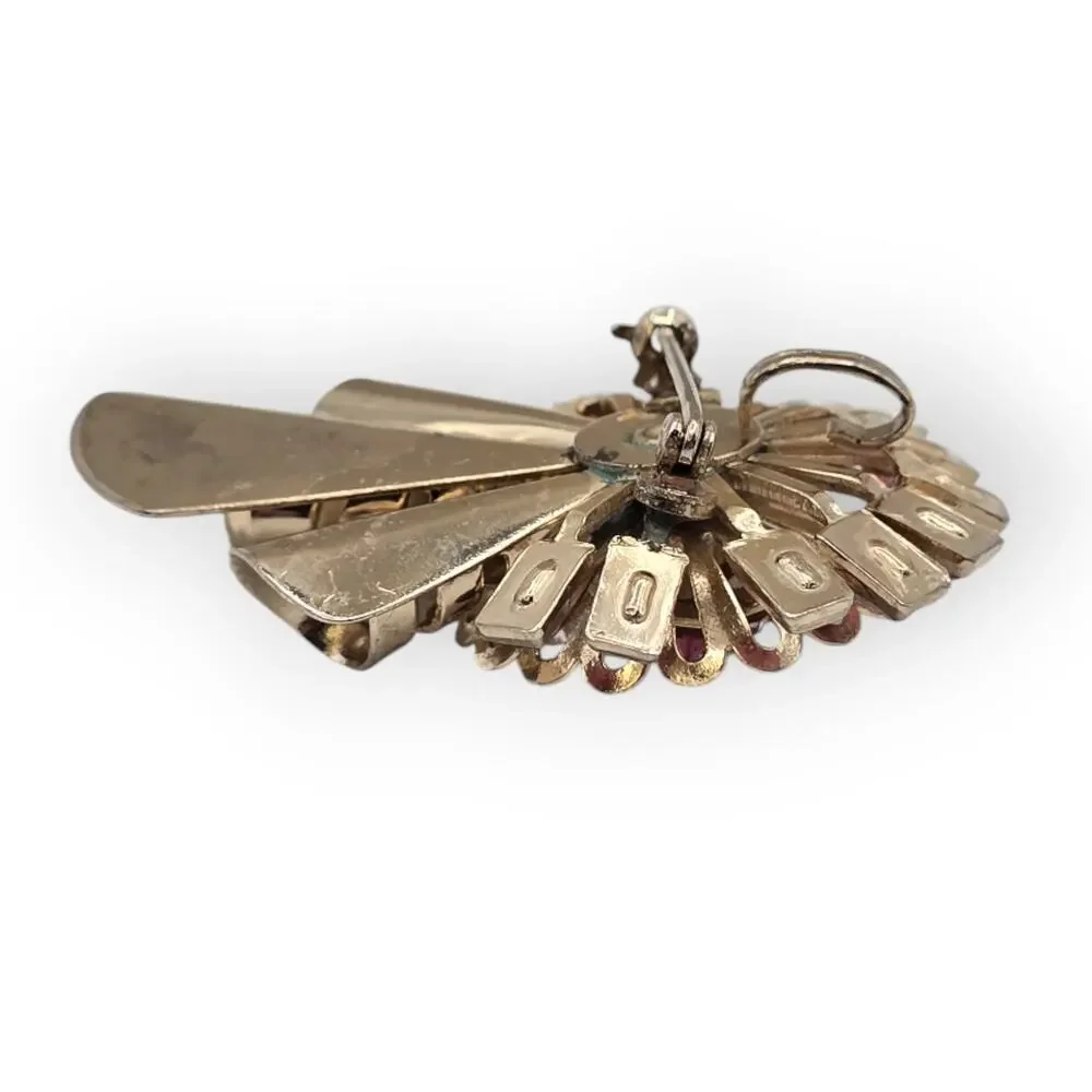 Pink Rhinestone Ribbon Bow Brooch Pendant Gold Tone Vintage Mid-Century Glamour